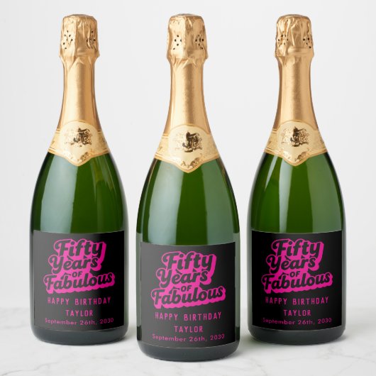 50th Birthday Fifty Years of Fabulous Retro Pink Sparkling Wijnetiket (Flessen)