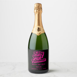 50th Birthday Fifty Years of Fabulous Retro Pink Sparkling Wijnetiket
