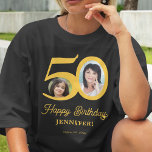 50th Birthday foto op maat T-shirt<br><div class="desc">Trendy bold typografie 50 jaar vrouw verjaardag grappige gepersonaliseerde donkere t-shirt sjabloon met 2 foto's en een modern retro stijl goudschrift. Eenvoudig aan te passen met jouw tekst en afbeeldingen.</div>