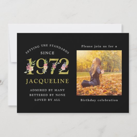 50th Birthday Foto Template 1972 Black Invitation Kaart (Voorkant)