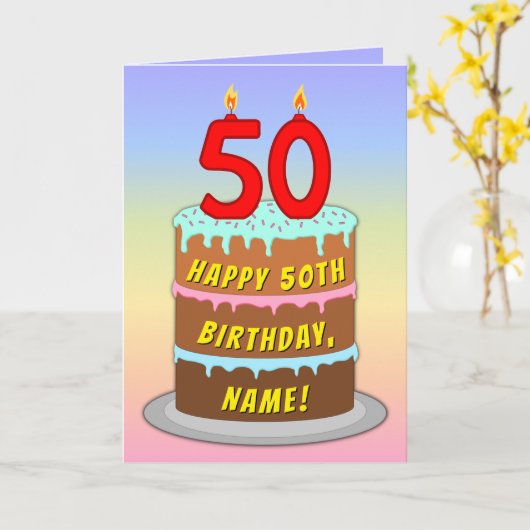 50th Birthday — Fun Cake & Candles, w/Custom Name Kaart (Gele Bloem)