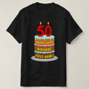 50th Birthday — Fun Cake & Candles, w/Custom Name T-shirt