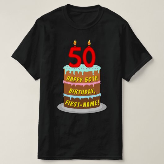 50th Birthday — Fun Cake & Candles, w/Custom Name T-shirt (Design voorkant)