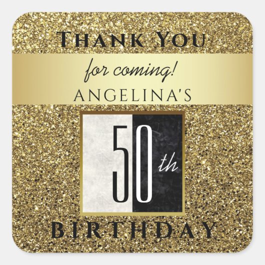 50th Birthday Glitter Goud Zwart & Wit Dank u Vierkante Sticker (Voorkant)