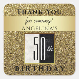 50th Birthday Glitter Goud Zwart & Wit Dank u Vierkante Sticker