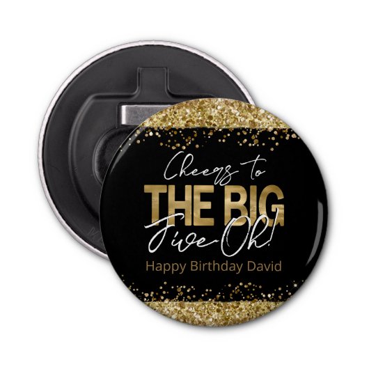 50th Birthday Gold en Black Big Five-Oh Bottle op Button Flesopener (Voorkant)