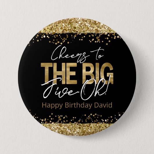 50th Birthday Gold en Black Big Five-Oh Button (Voorkant)