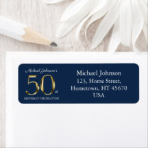 50th Birthday Gold Text Navy Blue Return Address