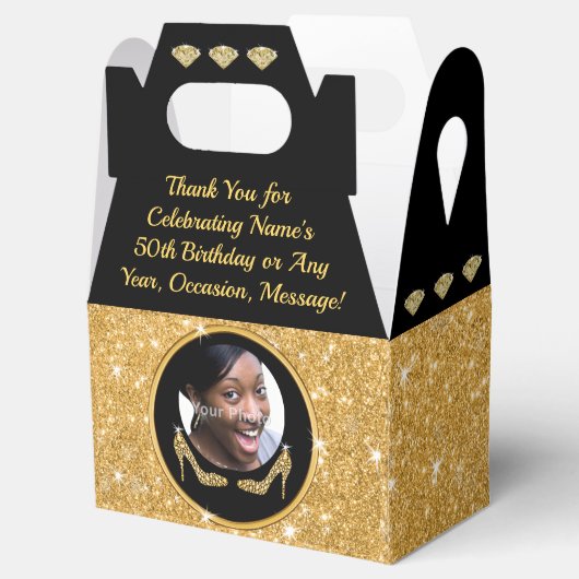 50th Birthday Goodie Bag Ideas, Black and Gold Bedankdoosjes (Geopend)
