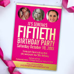 50th Birthday grafische roze gouden folie fotocirk Folie Uitnodiging<br><div class="desc">Vet eenvoudig grafisch heldere, felroze, en gouden folie of je eigen foliekleurige fotosjabloon voor de 50e verjaardag van de film. Pas deze mijlpaalverjaardagsuitnodiging aan met de details van je eigen verjaardagsfeestje, en drie verschillende foto's van je verjaardagsmeisje in de fotocirkels voor je nu en dan foto's. Andere jaren kleuren en...</div>