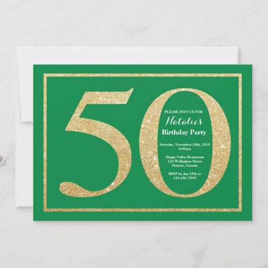 50th Birthday Green en Gold Glitter Kaart (Voorkant)