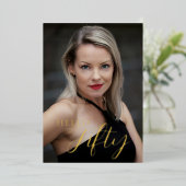 50th Birthday Hello Fifty Photo Black And Gold Folie Uitnodiging (Staand Voorkant)
