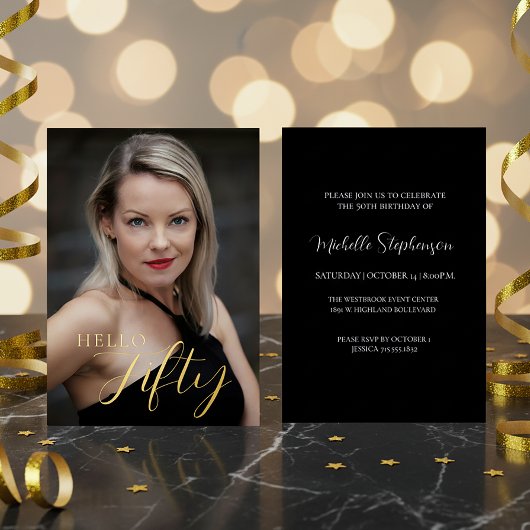 50th Birthday Hello Fifty Photo Black And Gold Folie Uitnodiging