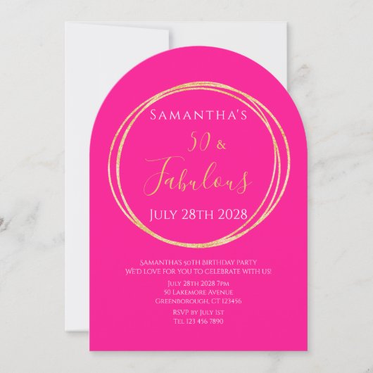 50th Birthday Hot Pink Gold Birthday Invitation Kaart (Voorkant)
