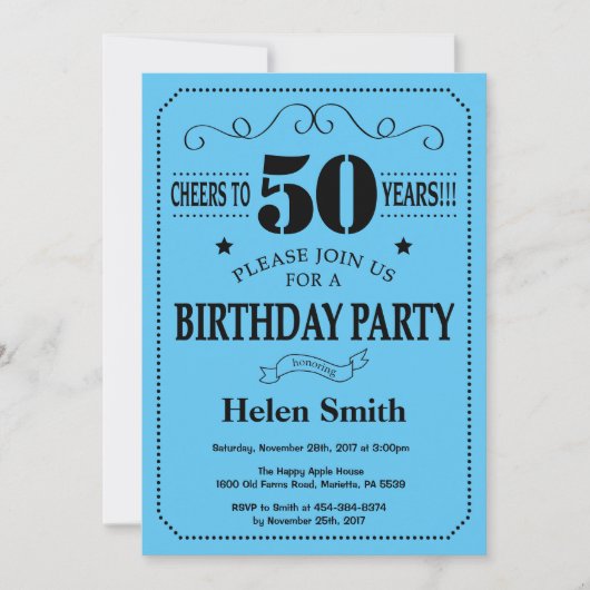 50th Birthday Invitation Black and Blue Kaart (Voorkant)
