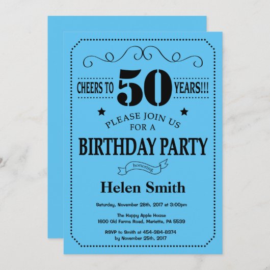50th Birthday Invitation Black and Blue Kaart (Voorkant / Achterkant)