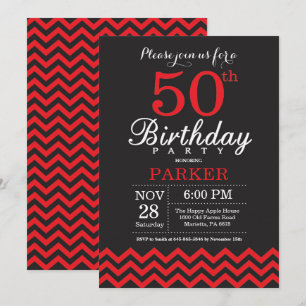 50th Birthday Invitation Black and Red Kaart