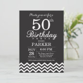 50th Birthday Invitation Black and White Chevron Kaart (Staand voorkant)