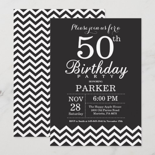 50th Birthday Invitation Black and White Chevron Kaart (Voorkant / Achterkant)