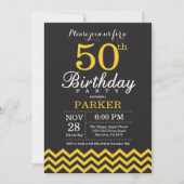 50th Birthday Invitation Black and Yellow Chevron Kaart (Voorkant)