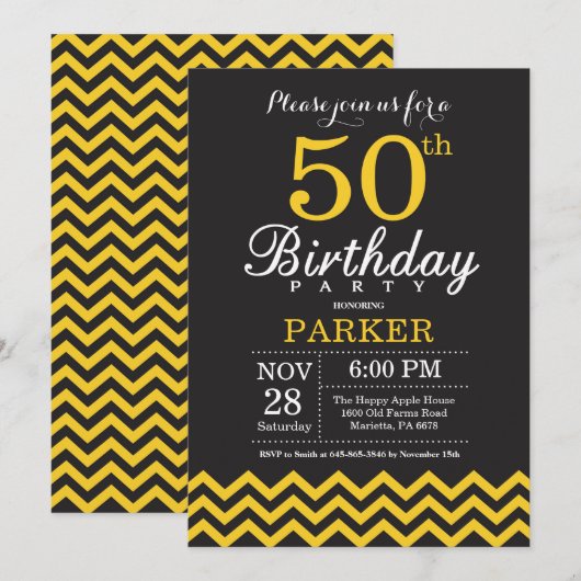 50th Birthday Invitation Black and Yellow Chevron Kaart (Voorkant / Achterkant)