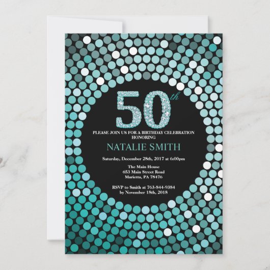 50th Birthday Invitation Black en Blauwgroen Glitt Kaart (Voorkant)