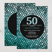 50th Birthday Invitation Black en Blauwgroen Glitt Kaart (Voorkant / Achterkant)