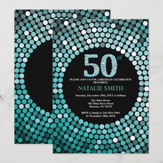 50th Birthday Invitation Black en Blauwgroen Glitt Kaart (Voorkant / Achterkant)