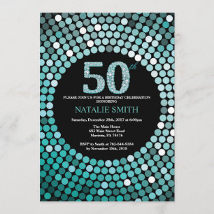 50th Birthday Invitation Black en Blauwgroen Glitt Kaart