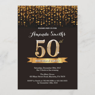 50th Birthday Invitation Black en Gold Glitter Kaart