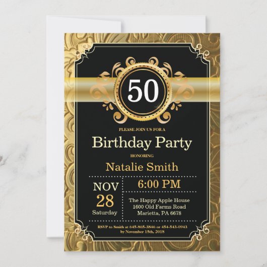 50th Birthday Invitation Black en Gold Glitter Kaart (Voorkant)
