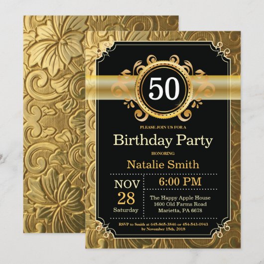 50th Birthday Invitation Black en Gold Glitter Kaart (Voorkant / Achterkant)
