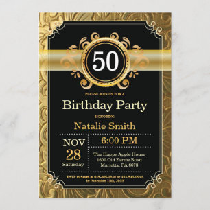 50th Birthday Invitation Black en Gold Glitter Kaart