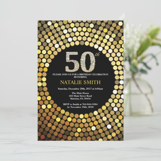 50th Birthday Invitation Black en Gold Glitter Kaart (Staand voorkant)
