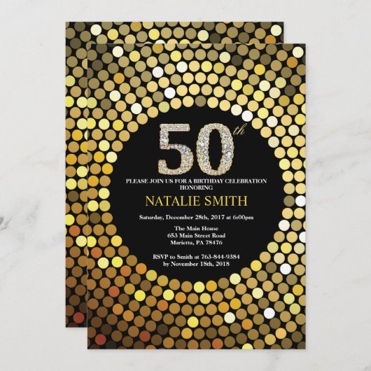 50th Birthday Invitation Black en Gold Glitter Kaart (Voorkant / Achterkant)