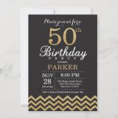 50th Birthday Invitation Black en Gold Glitter Kaart (Voorkant)