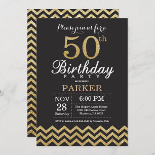 50th Birthday Invitation Black en Gold Glitter Kaart