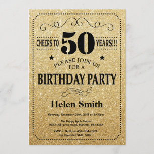 50th Birthday Invitation Black en Gold Glitter Kaart