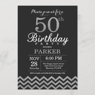 50th Birthday Invitation Black en Silver Glitter Kaart