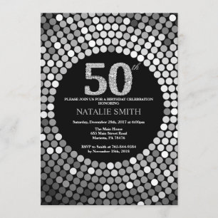 50th Birthday Invitation Black en Silver Glitter Kaart