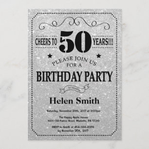 50th Birthday Invitation Black en Silver Glitter Kaart