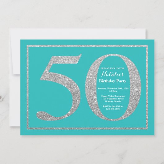 50th Birthday Invitation Blauwgroen en Silver Glit Kaart (Voorkant)