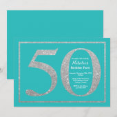 50th Birthday Invitation Blauwgroen en Silver Glit Kaart (Voorkant / Achterkant)