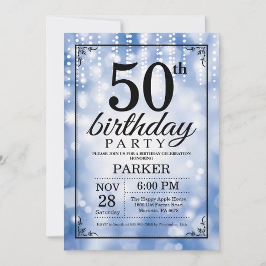 50th Birthday Invitation Blue Glitter Kaart (Voorkant)
