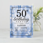 50th Birthday Invitation Blue Glitter Kaart (Staand voorkant)