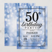 50th Birthday Invitation Blue Glitter Kaart (Voorkant / Achterkant)