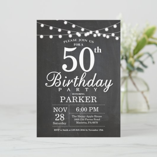 50th Birthday Invitation Chalkboard String Lights Kaart (Staand voorkant)