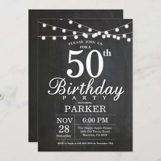 50th Birthday Invitation Chalkboard String Lights Kaart (Voorkant / Achterkant)