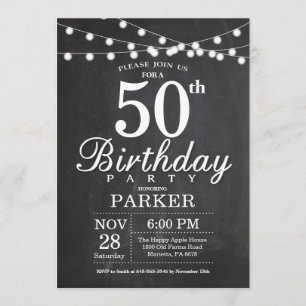 50th Birthday Invitation Chalkboard String Lights Kaart