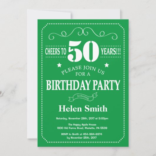 50th Birthday Invitation Green and White Kaart (Voorkant)